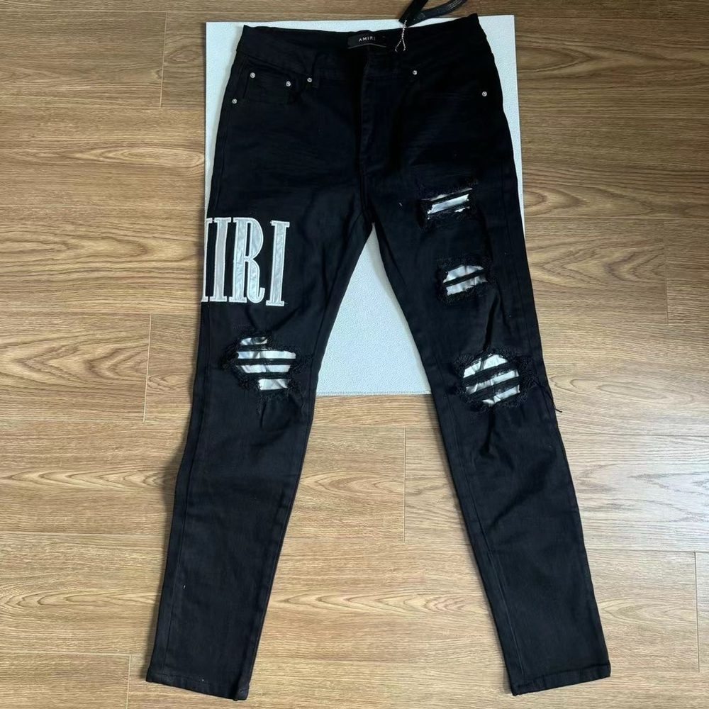 Amiri Washed Distressed Silver Leather Jeans